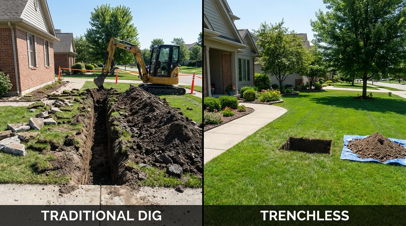 Trenchless sewer repair with minimal yard damage versus traditional excavation in Bay, AR